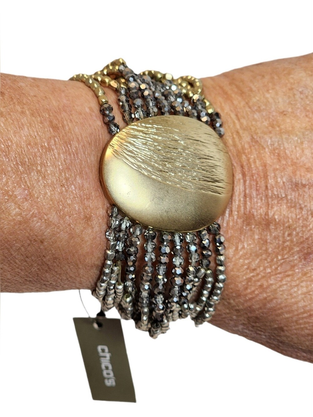 Chico's Goldtone and Silvertone Multistrand Quince Beaded Stretch Bracelet NWT - Picture 1 of 3